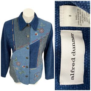 Alfred Dunner Blazer Womens Sz 8 Cottagecore Granny Patchwork Blue Jacket Art